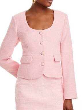 Endless Rose Pink Tweed Scoop Neck Blazer with Gold Buttons
